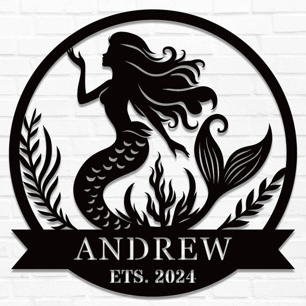 Custom metal mermaid sign featuring a graceful silhouette with sea plants, personalized with name and EST. date, laser-cut from steel and powder-coated.