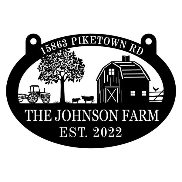 Personalized black metal farm sign with barn, tractor, tree, and animals – custom text rustic outdoor address plaque
