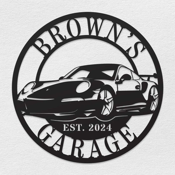 Personalized metal garage sign with sports car design and custom name, custom wall décor for auto enthusiasts