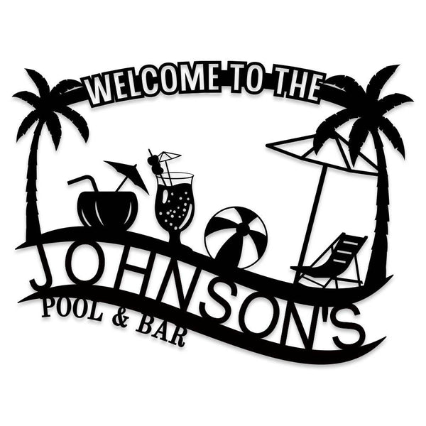 Customizable black metal sign with a tropical design, featuring palm trees, a beach umbrella, lounge chair, beach ball, and cocktails, with "Welcome to The Johnson's Pool & Bar" text.