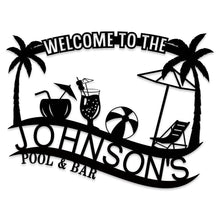 Customizable black metal sign with a tropical design, featuring palm trees, a beach umbrella, lounge chair, beach ball, and cocktails, with