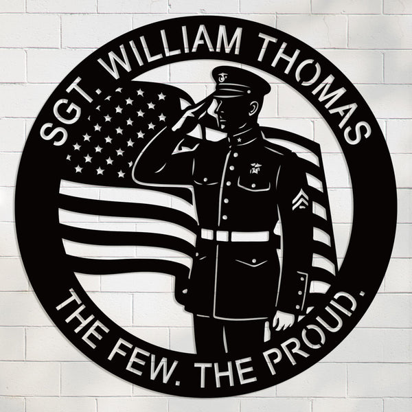 Custom military tribute metal sign with saluting Marine and American flag design, personalized veteran wall plaque made from powder-coated steel.