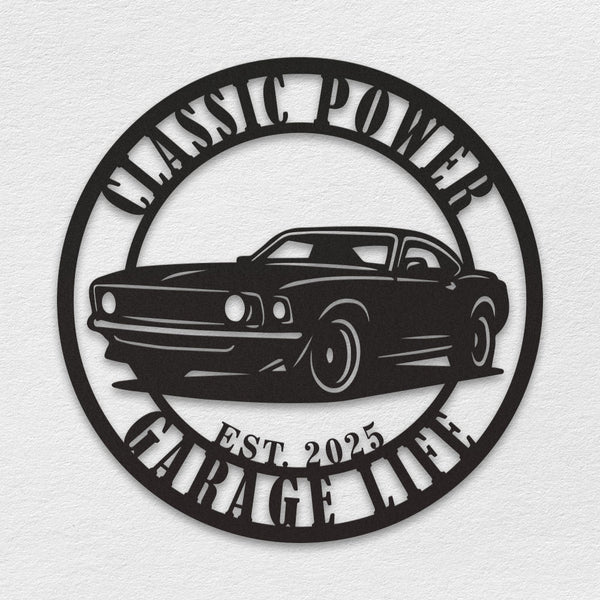 Personalized muscle car metal sign with classic car silhouette and customizable text, laser cut from steel and powder coated for garage or man cave use.