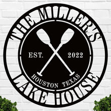Custom lake house metal sign with crossed oars, personalized name, location, and year, laser-cut from steel and powder coated for outdoor durability