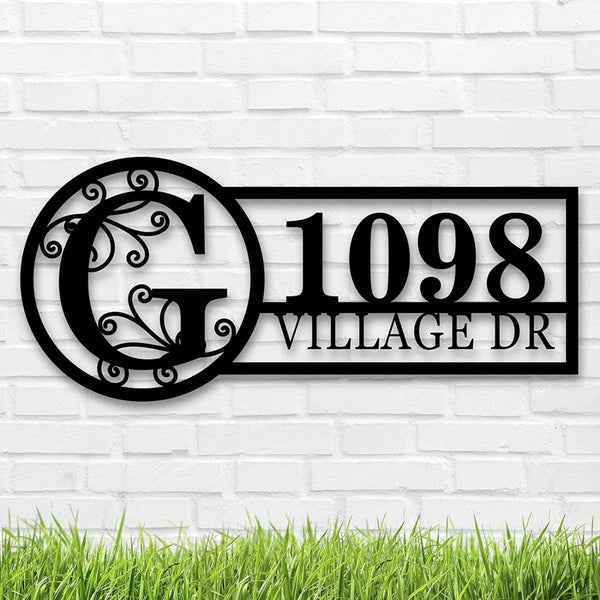 Custom metal address sign with large monogram letter, house number, and street name – laser-cut from premium steel with powder-coated finish, ideal for wall mounting