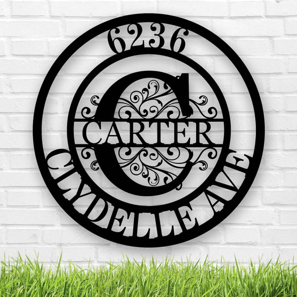 Custom round metal address sign with name and address laser-cut into black powder-coated steel