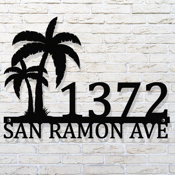 Custom metal palm tree address sign with house number and street name in black powder-coated steel, wall-mounted design