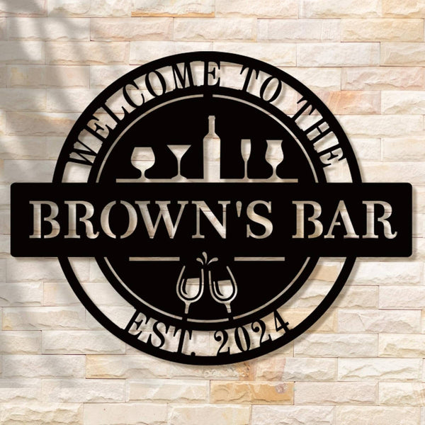 Custom metal bar sign with personalized text, laser-cut steel, powder coated finish, and pre-drilled holes for home pub or man cave wall décor