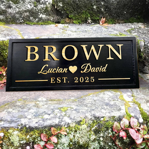 Personalized carved pine wood sign with custom engraved family name and rustic wall décor design