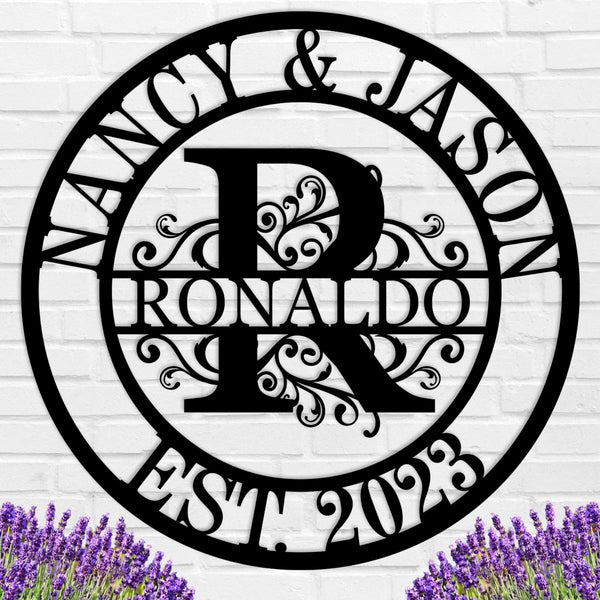 Custom round metal monogram sign with scroll design, personalized with names, large initial