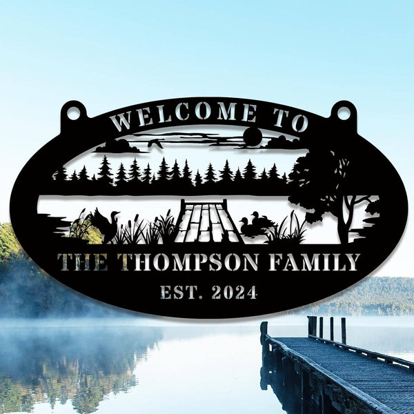 Custom lake house metal sign with dock, ducks, trees, and personalized family name – perfect outdoor decor for cabins or waterfront homes.