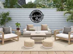 Custom metal patio sign with “Welcome to the Patio,” personalized with family name and established year, powder-coated outdoor steel wall decor