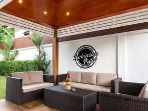 Custom metal patio sign with “Welcome to the Patio,” personalized with family name and established year, powder-coated outdoor steel wall decor