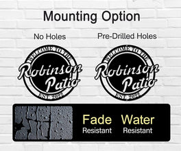 Custom metal patio sign with “Welcome to the Patio,” personalized with family name and established year, powder-coated outdoor steel wall decor