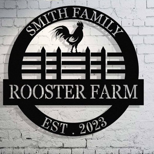 Custom rooster farm metal sign with personalized family name and established year, laser-cut from premium steel and powder coated for farmhouse wall décor.