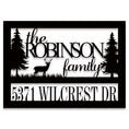 Custom laser-cut metal forest address sign with deer silhouette, pine trees, and personalized family name and house number, powder-coated for outdoor use.