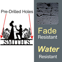 Custom romantic metal proposal sign with man on one knee and personalized last name