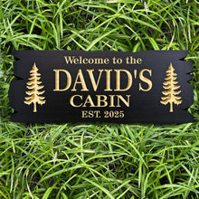 Custom rustic cabin wood sign made of engraved pine with personalized text and tree design, perfect for cabin décor, housewarming, or family gift.