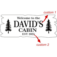 Custom rustic cabin wood sign made of engraved pine with personalized text and tree design, perfect for cabin décor, housewarming, or family gift.