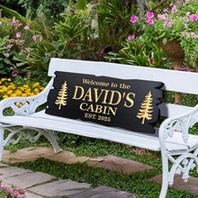 Custom rustic cabin wood sign made of engraved pine with personalized text and tree design, perfect for cabin décor, housewarming, or family gift.