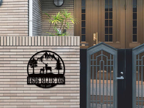 Custom deer mountain metal wall art sign with personalized house number and family name, laser cut steel with powder-coated finish