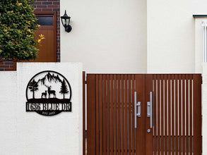 Custom deer mountain metal wall art sign with personalized house number and family name, laser cut steel with powder-coated finish