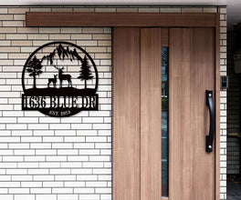 Custom deer mountain metal wall art sign with personalized house number and family name, laser cut steel with powder-coated finish
