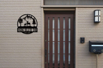 Custom deer mountain metal wall art sign with personalized house number and family name, laser cut steel with powder-coated finish