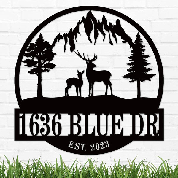 Custom deer mountain metal wall art sign with personalized house number and family name, laser cut steel with powder-coated finish