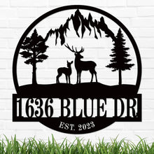 Custom deer mountain metal wall art sign with personalized house number and family name, laser cut steel with powder-coated finish