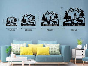 Custom bicycle metal sign with mountain and bear design, personalized family name cycling wall art, laser cut steel décor for rustic home or outdoor cabin.