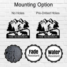 Custom bicycle metal sign with mountain and bear design, personalized family name cycling wall art, laser cut steel décor for rustic home or outdoor cabin.