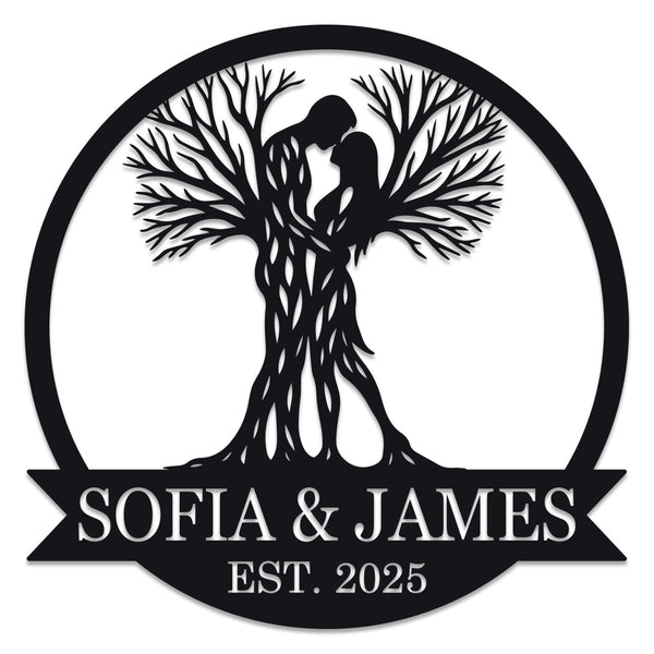 Custom Tree Couple Metal Sign featuring intertwined lovers as tree trunks, personalized with names and date, laser-cut from premium steel with powder-coated finish.
