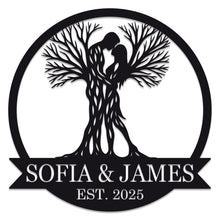 Custom Tree Couple Metal Sign featuring intertwined lovers as tree trunks, personalized with names and date, laser-cut from premium steel with powder-coated finish.