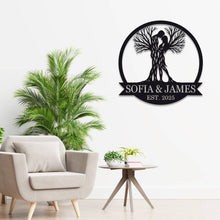 Custom Tree Couple Metal Sign featuring intertwined lovers as tree trunks, personalized with names and date, laser-cut from premium steel with powder-coated finish.
