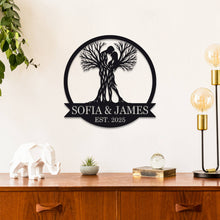 Custom Tree Couple Metal Sign featuring intertwined lovers as tree trunks, personalized with names and date, laser-cut from premium steel with powder-coated finish.