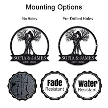 Custom Tree Couple Metal Sign featuring intertwined lovers as tree trunks, personalized with names and date, laser-cut from premium steel with powder-coated finish.