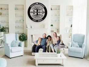 Custom tree of life reflection metal sign with names and EST year, featuring swing and deer, laser-cut from steel with powder coating for personalized wall décor