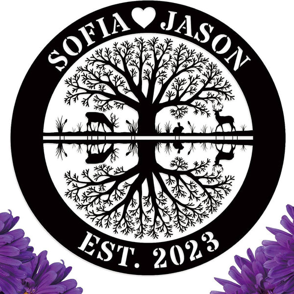 Custom tree of life reflection metal sign with names and EST year, featuring swing and deer, laser-cut from steel with powder coating for personalized wall décor
