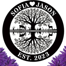 Custom tree of life reflection metal sign with names and EST year, featuring swing and deer, laser-cut from steel with powder coating for personalized wall décor
