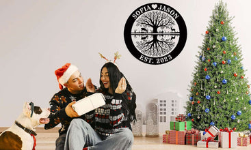 Custom tree of life reflection metal sign with names and EST year, featuring swing and deer, laser-cut from steel with powder coating for personalized wall décor