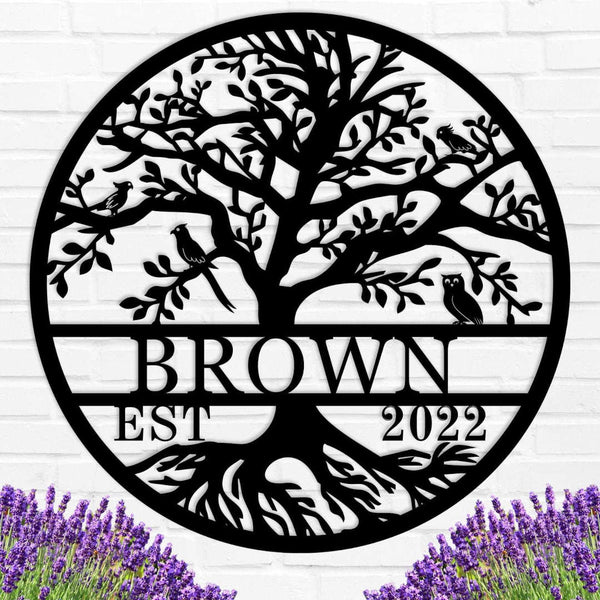 Custom metal family tree sign with birds, personalized with name and date