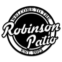 Custom metal patio sign with “Welcome to the Patio,” personalized with family name and established year, powder-coated outdoor steel wall decor