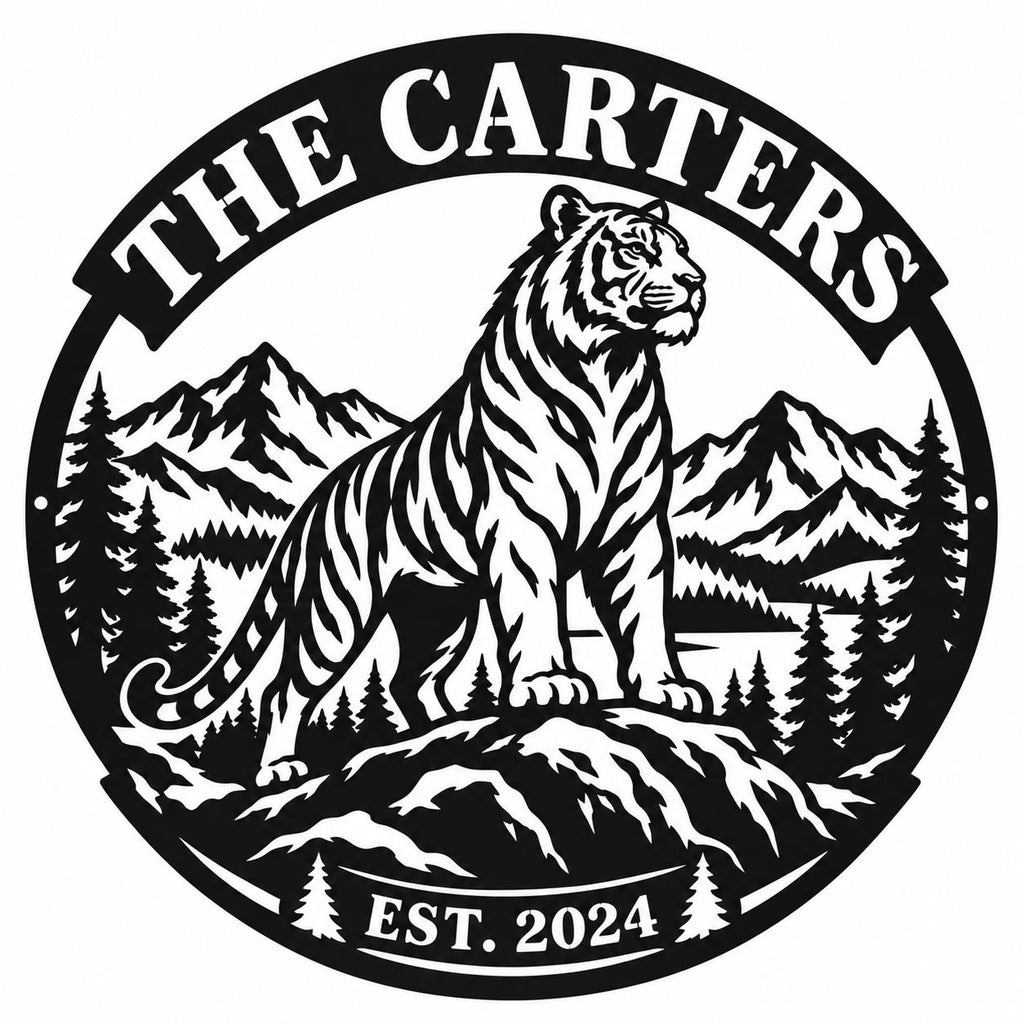 Custom tiger mountain metal sign with personalized family name and established year, featuring a tiger, mountains, and pine trees on a white background.