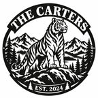 Custom tiger mountain metal sign with personalized family name and established year, featuring a tiger, mountains, and pine trees on a white background.