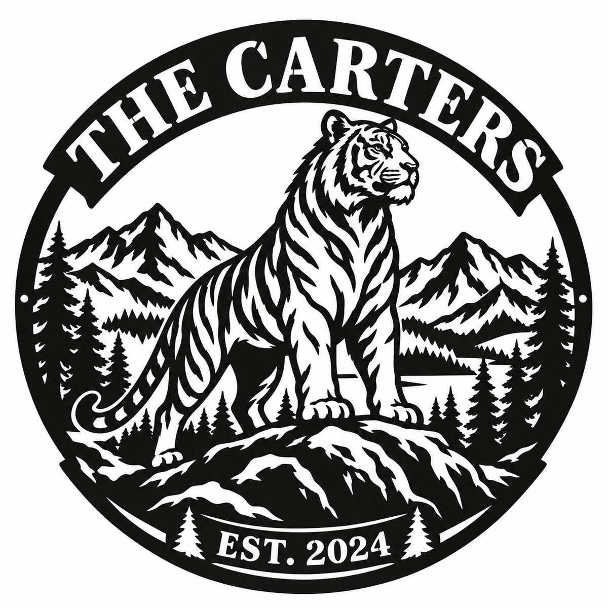 Custom tiger mountain metal sign with personalized family name and established year, featuring a tiger, mountains, and pine trees on a white background.