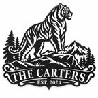 Custom tiger mountain metal sign featuring a standing tiger, pine trees, mountains, personalized family name, and established year on a white background.