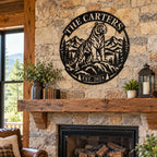 Custom tiger metal wall art with family name displayed above a stone fireplace in a rustic living room.