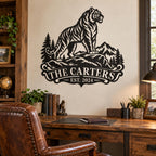 Black tiger metal wall art with custom family name displayed in a rustic home office.