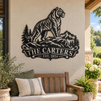 Custom tiger mountain metal sign mounted on a covered country house patio wall.